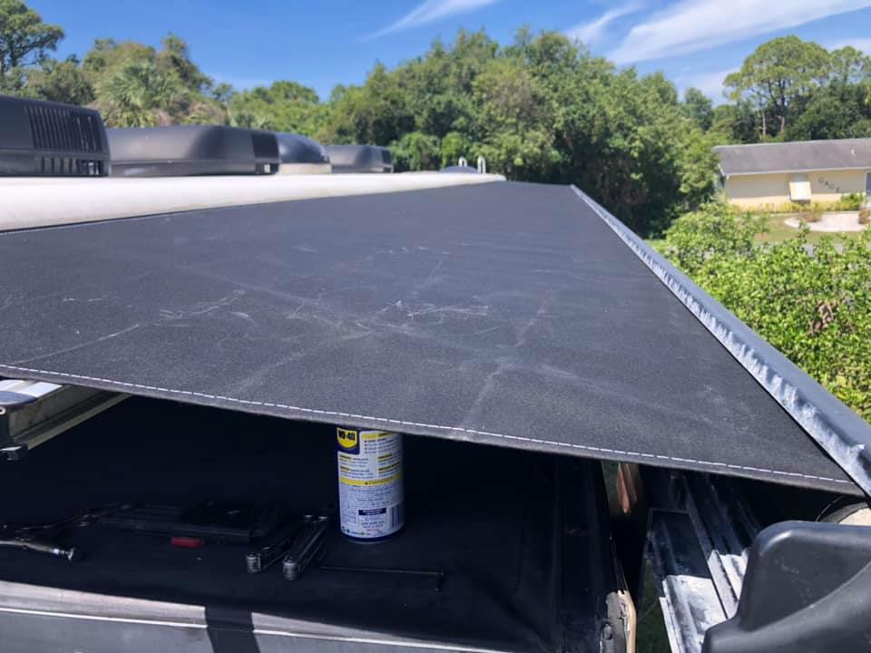Replacement RV awning fabric installed